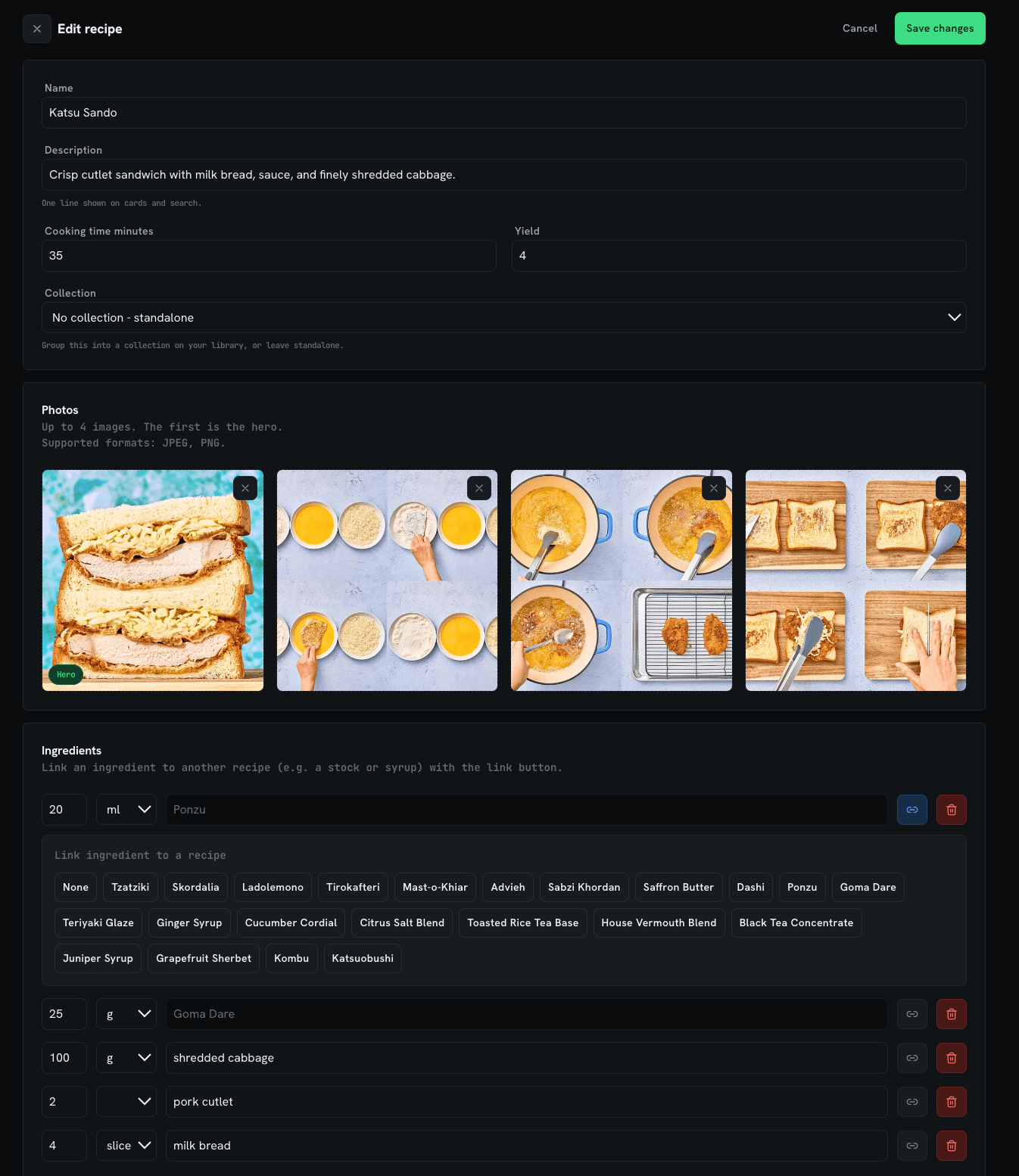 MiksHub recipe editor with details, photos, and ingredients