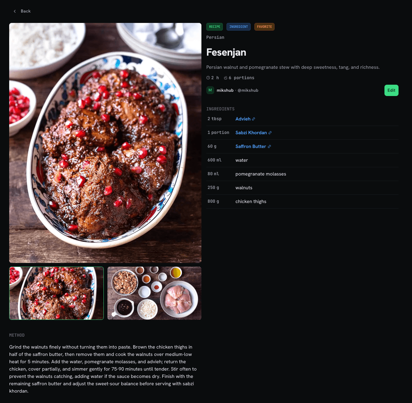 MiksHub recipe with ingredients, timing, and yield