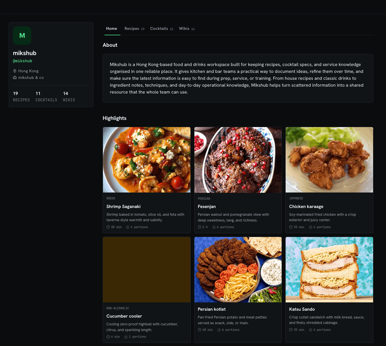 MiksHub public profile with recipe highlights